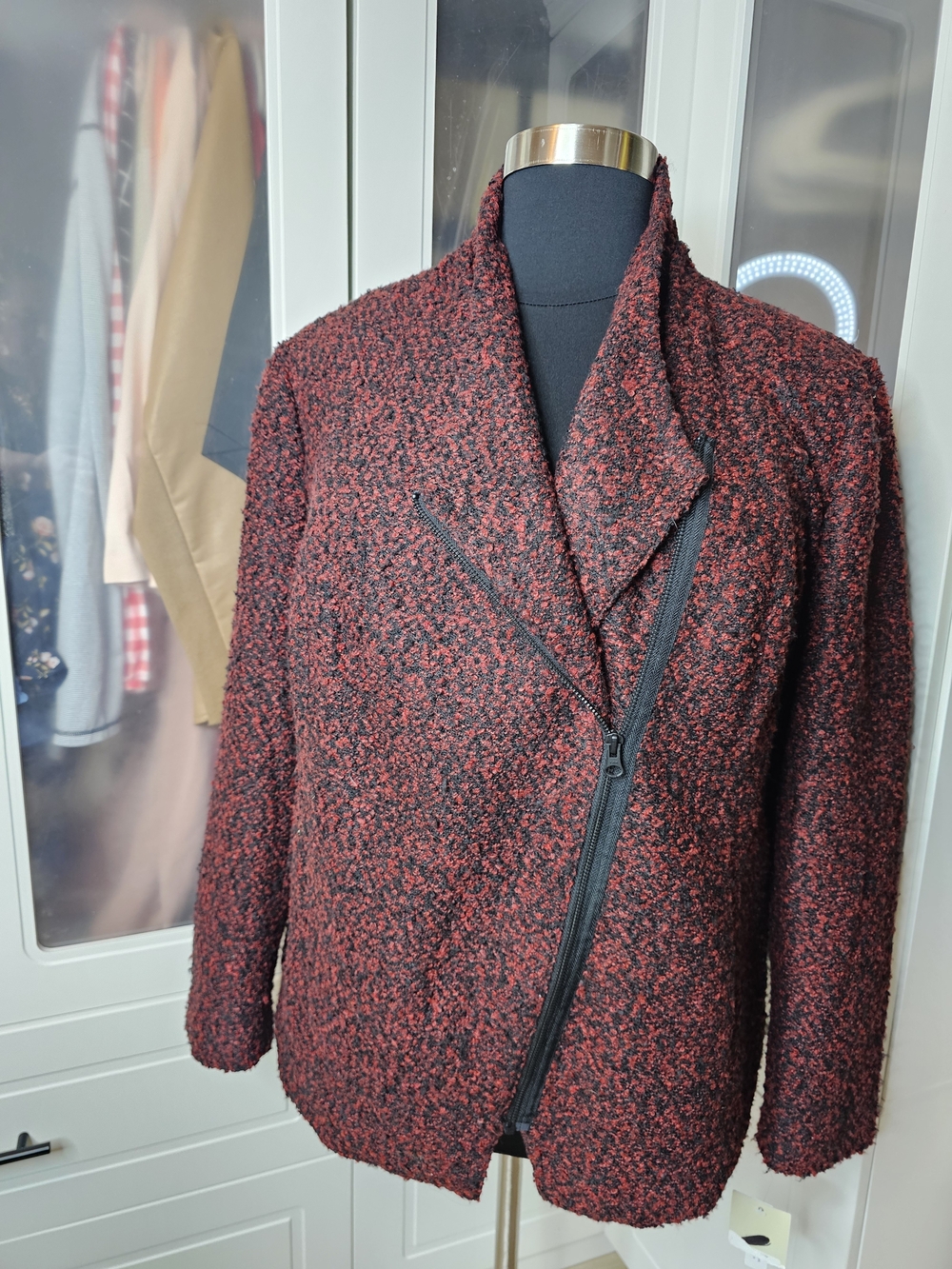 NWT Sejour Red and Black Bouclé Asymmetrical Zip Blazer